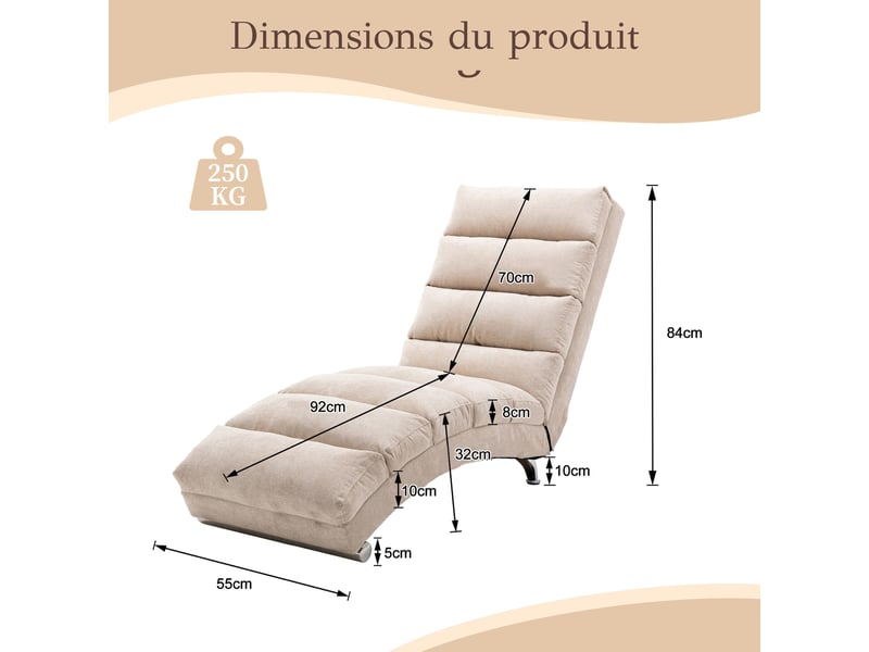  Chaise longue relax fixe vibrante en tissu effet lin avec poche latérale, beige, 55 x 148 x 84 cm Fay Lum - Conforama C