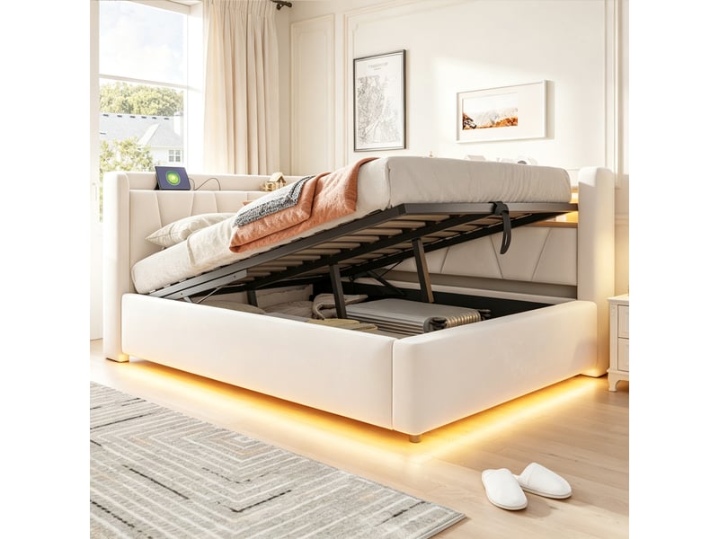  Lit banquette coffre 140x200 cm avec rangement hydraulique, étagères, port usb et éclairage led, velours beige  - Conforama B