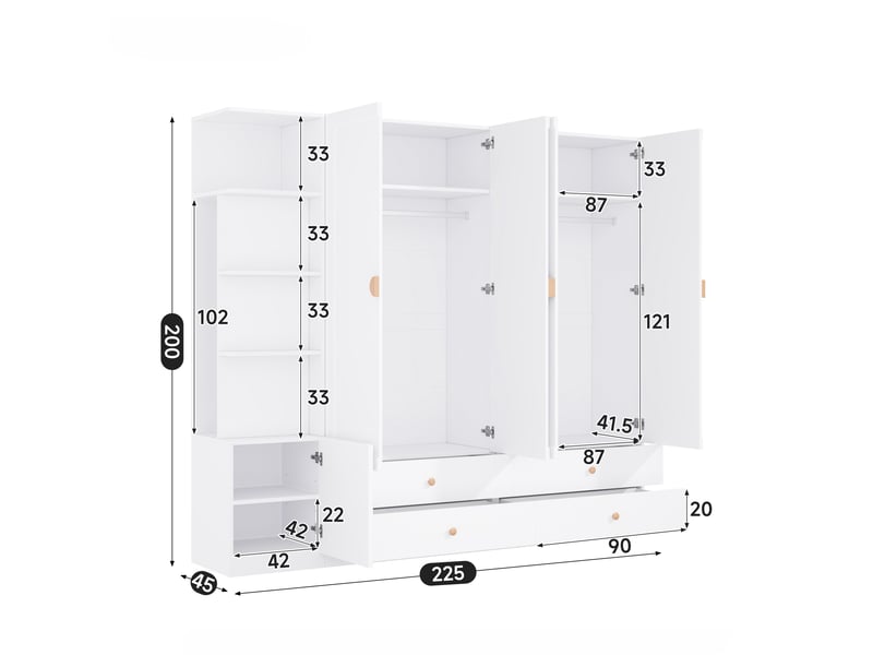  Armoire chambre 225x45x200 cm, grande penderie dressing modulable, avec 3 tringles et 4 tiroirs, bois massif mdf et acier, blanc  - Conforama E