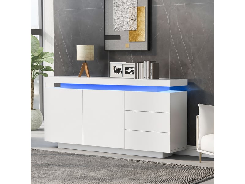  Buffet modenvie blanc brillant avec led rgb 140 x 35 x 72,5 cm 2 portes 3 tiroirs  - Conforama D