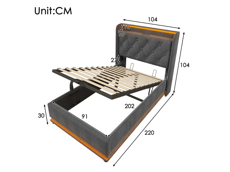  Lit rembourré tcqpz 90 x 200 cm led rangement hydraulique usb type-c gris  - Conforama C