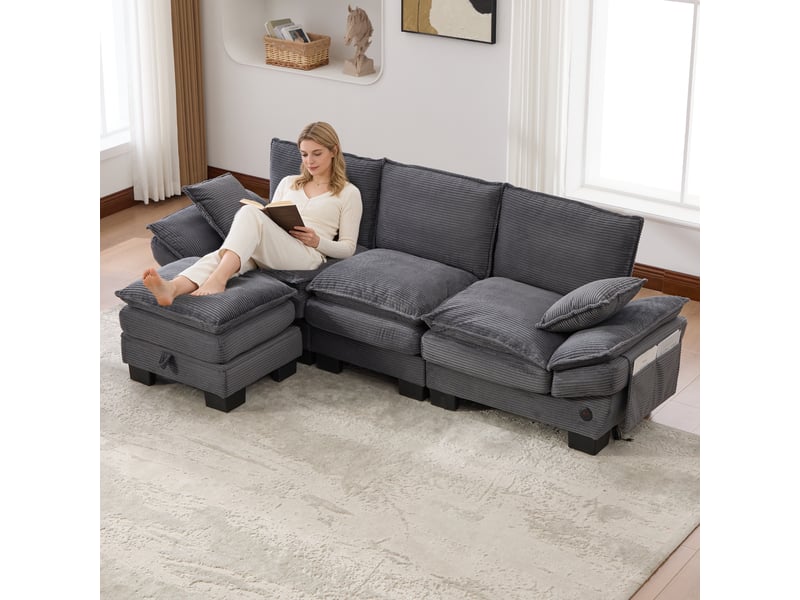  Canapé modulaire avec pouf rangement 260 x 132 x 84 cm - velours côtelé et usb-c intégré  - Conforama E