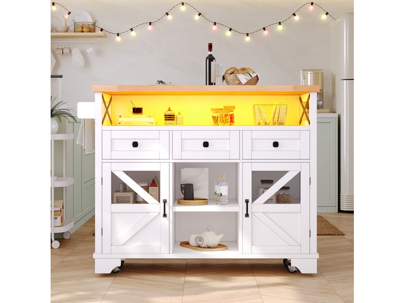 Desserte de cuisine 120x43-71x98 cm, 3 tiroirs, plateau rabattable, mdf et métal, meuble cuisine, couleur blanc et bois - Conforama D