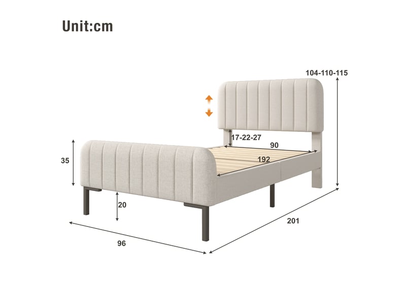  Lit simple enfant 90x190 cm gris beige clair lin, tête de lit réglable, sommier à lattes inclus  - Conforama C