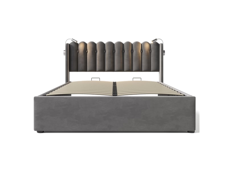  Lit coffre 160x200cm avec lampe de lecture, design à boutons au chevet, style épuré, incluant un matelas, velours, gris  - Conforama D