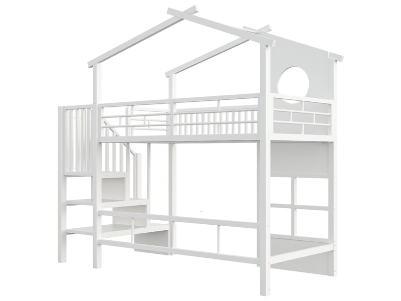 Lit mezzanine enfant 90 x 200 cm en métal, escalier avec rangement, garde-corps haut et éclairage led, blanc evarich - Conforama D