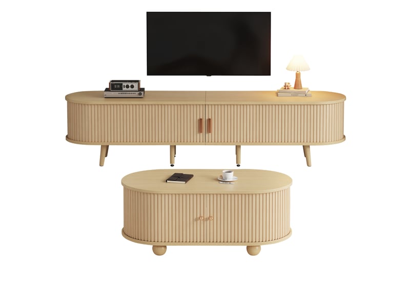  Ensemble meuble tv et table basse, effet bois naturel, design ovale, rangement, mdf  - Conforama A