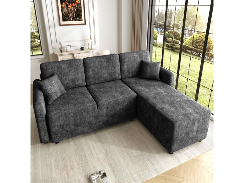  Canapé d'angle en l 3 places 188 cm en chenille noir, méridienne 144 cm et 2 coussins Fay Lum - Conforama B