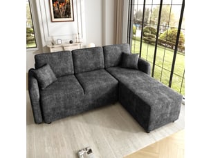 Canapé d'angle en l 3 places 188 cm en chenille noir, méridienne 144 cm et 2 coussins