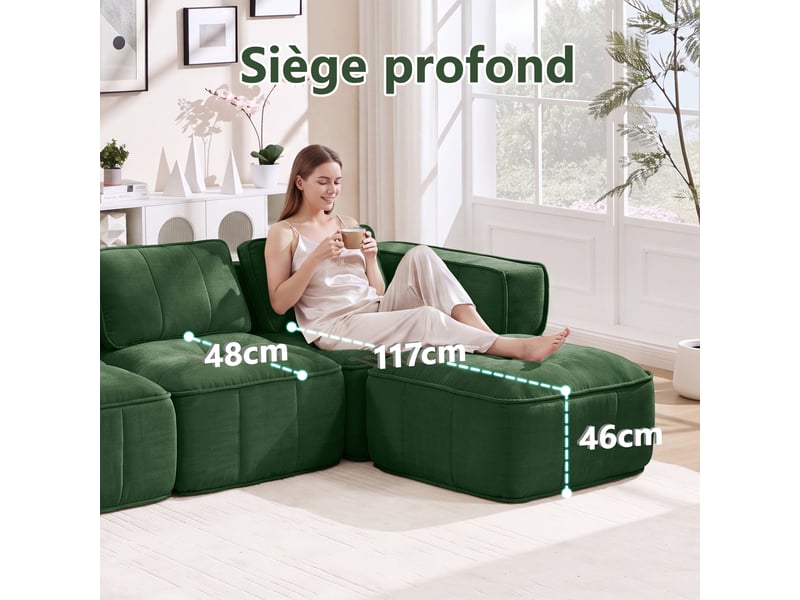 Canapé modulable d’angle en l 3 places en polyester vert, 271 x 162 x 67 cm, sans montage, mousse haute densité 32d, assise profonde, avec pouf Luxe haut de gamme - Conforama E