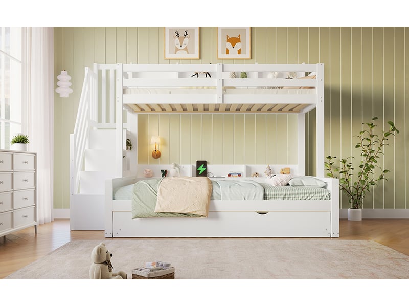 Lit superposé 90x200 et 140x200 avec lit gigogne 90x190 blanc mdf et pin rangement intégré port usb Sol Morn - Conforama B