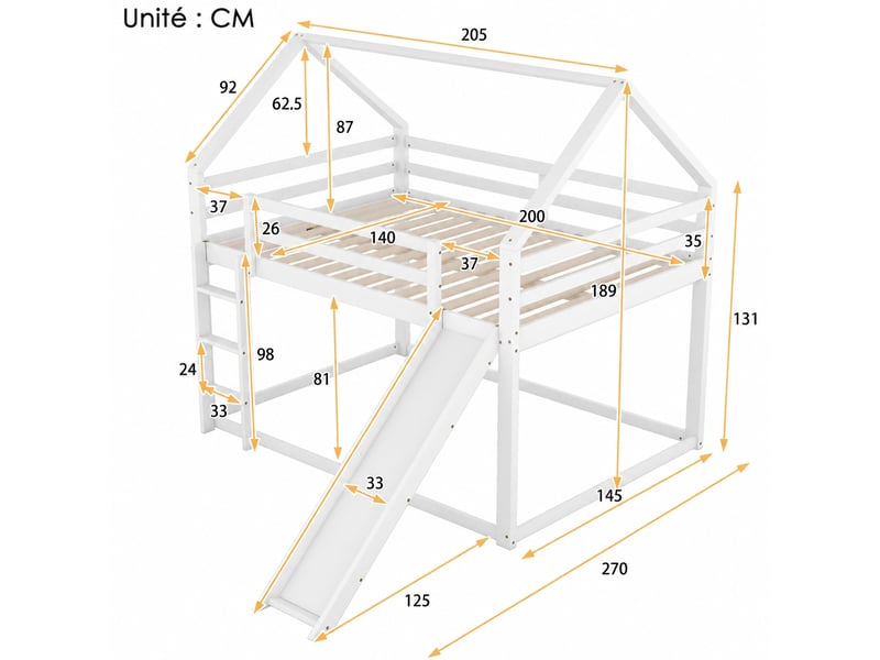  Lit superposé enfant 140x200 cm avec toboggan et échelle, structure maison en pin et mdf, blanc  - Conforama C
