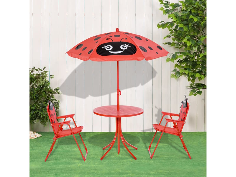 Ensemble de jardin 4 pièces pour enfants avec 2 chaises pliantes, un parasol et une table ronde, en acier et tissu oxford, rouge. - Conforama C