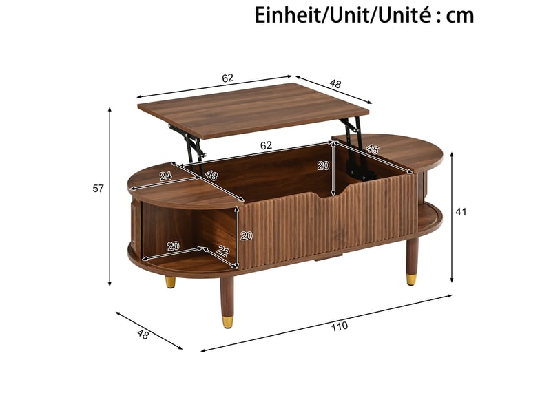 Table basse ovale 110 x 48 x 57 cm noyer mdf, plateau relevable hydraulique et 2 portes coulissantes - Conforama C