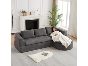 Canapé d'angle en l avec méridienne anthracite, chenille 3 places, accoudoir à niveaux