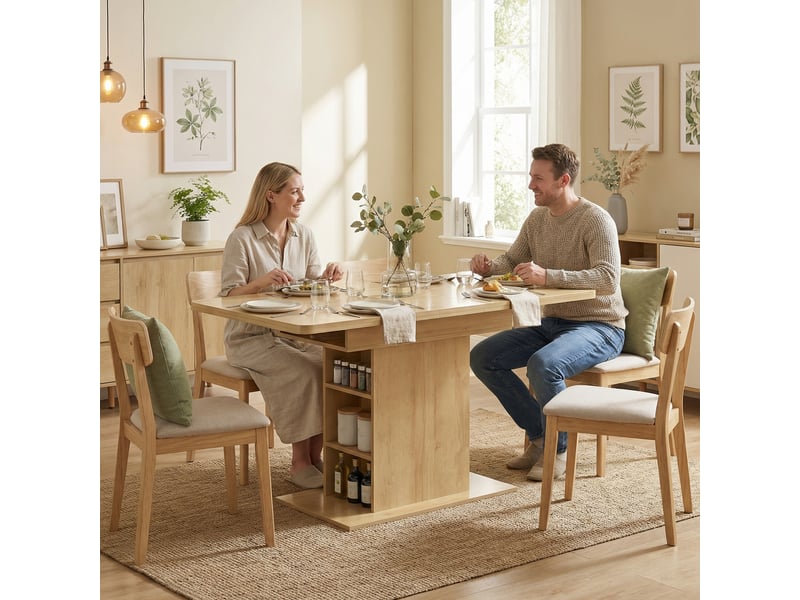Table à manger extensible rectangle pour 4 à 6 personnes, table de cuisine 110-130 cm, 6 étagères ouvertes, bois naturel - Conforama D