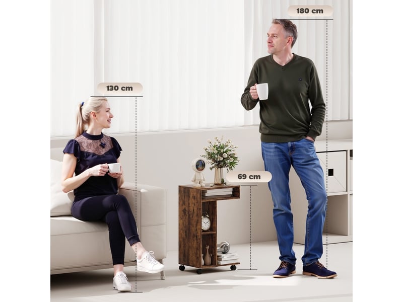  Table d'appoint en c avec 3 niches, 4 roues et freins, pour salon et chambre, 40 × 30 × 69 cm, bois rustique  - Conforama E