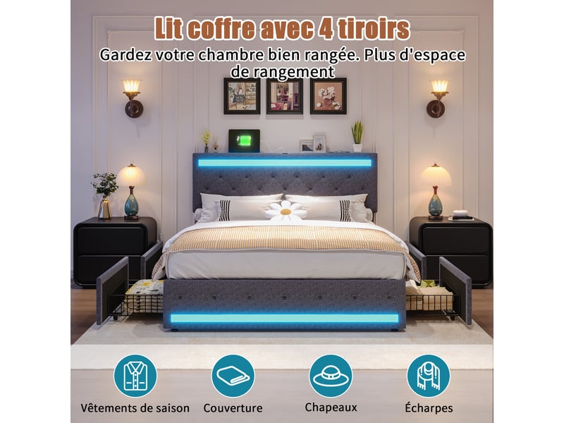  Lit double 140x200 cm en lin gris foncé avec 4 tiroirs, led via app et télécommande, usb intégré.  - Conforama E