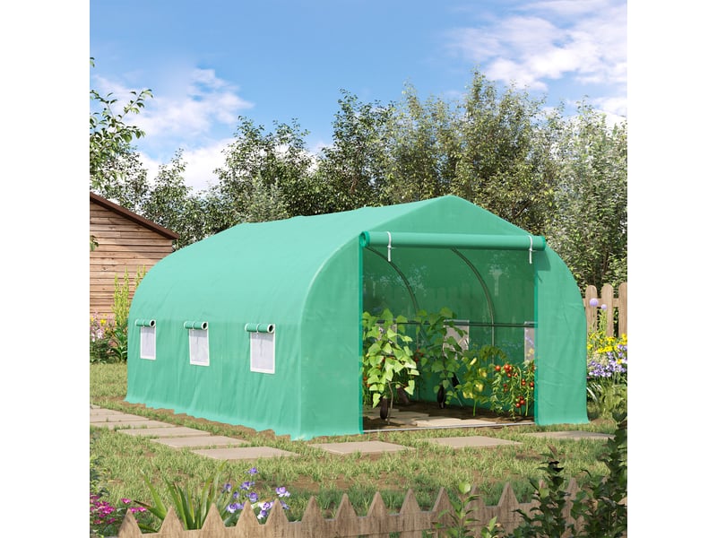  Serre 4,5 x 3 x 2 m, serre en aluminium avec porte enroulable, porte zippée, 6 fenêtres en filet, poteaux de support  - Conforama D