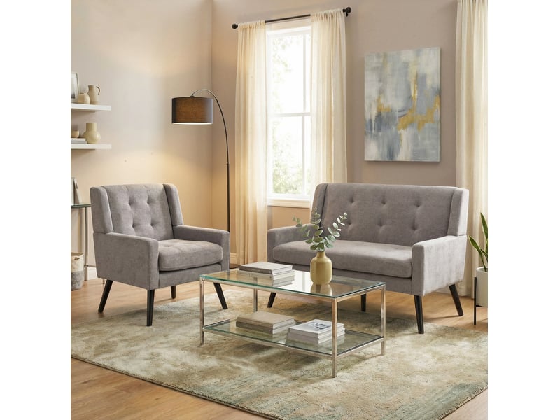 Fauteuil et canapé 2 places en tissu rembourré avec assise confortable et pieds en bois, gris clair - Conforama B
