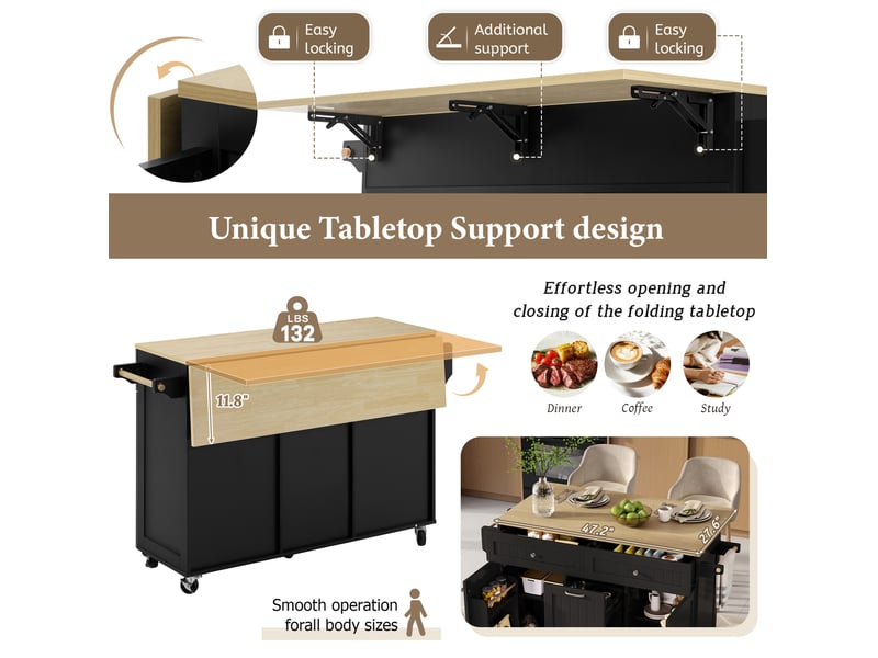 Desserte de cuisine extensible avec tiroirs, étagères réglables et porte-serviettes pour cuisine, 140 × 40-70 × 92 cm - Conforama E