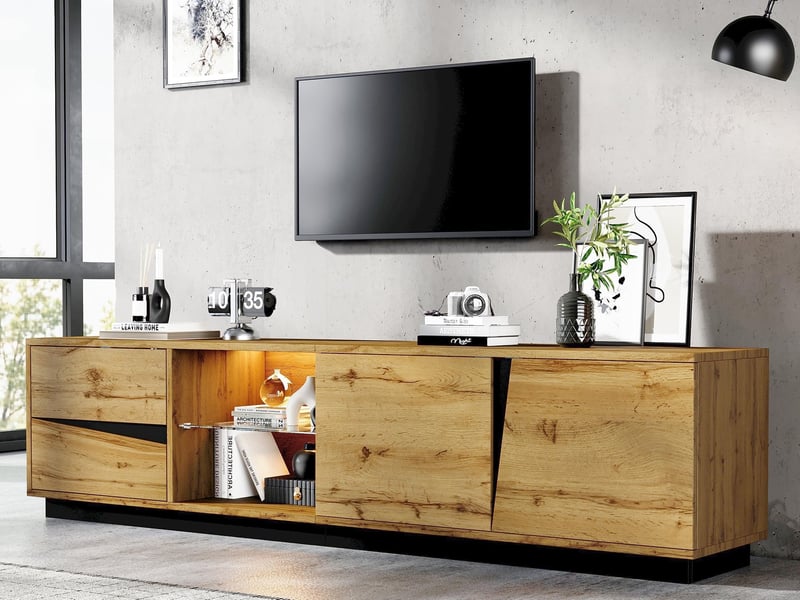  Meuble tv, 180 × 35 × 45 cm, avec éclairage led, 2 tiroirs et 2 portes, étagère en verre, compartiment ouvert, couleur naturel  - Conforama B