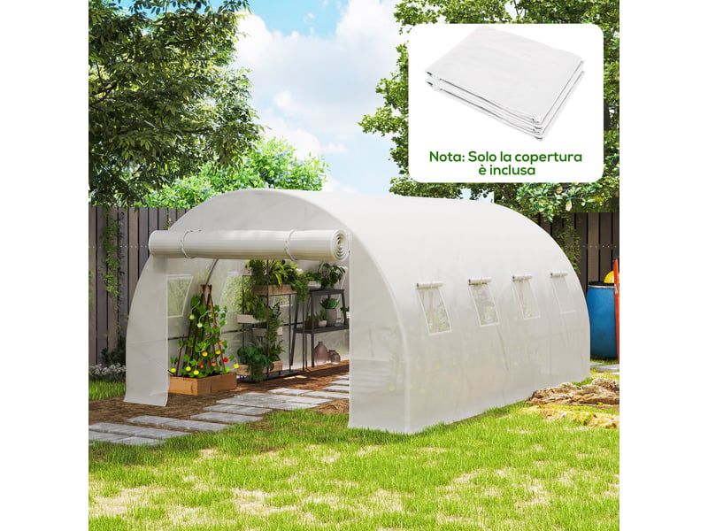  Serre en polyéthylène avec 8 fenêtres, porte sectionnelle et bords enterrés, 4 x 3 x 2 m, blanche  - Conforama C