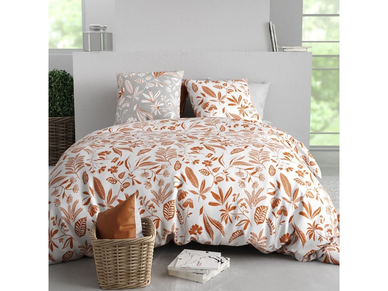  Parure housse de couette 240x220cm + 2 taies motif feuillage blanc et orange 100% coton - ahylia AHYLIA - Conforama A