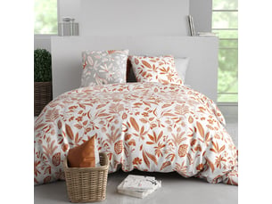 Parure housse de couette 240x220cm + 2 taies motif feuillage blanc et orange 100% coton - ahylia