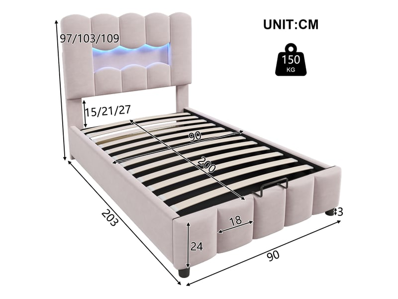  Lit rembourré 90 x 200 cm sans matelas, éclairage led, coffre hydraulique, tête réglable, velours rose  - Conforama B