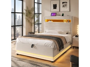 Lit coffre ulevr 90x200 cm avec rangement hydraulique, usb type-c, led, tête de lit avec étagère, lin beige