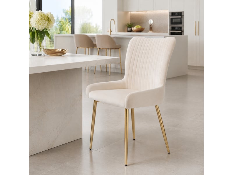  Chaise de salle à manger lot de 6 avec dossier à soutien lombaire  - pieds métal, velours beige et or  - Conforama C