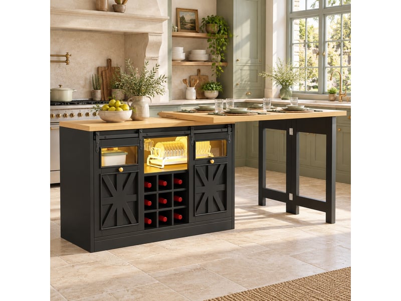 Îlot de cuisine avec table extensible pivotante à 360° - lpospi - rangement, éclairage led, mdf et verre noir - Conforama C