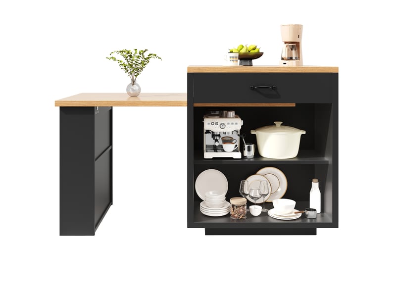  Table bar extensible 126-196x59x94 cm avec led, 2 tiroirs, îlot de cuisine en mdf noir  - Conforama E