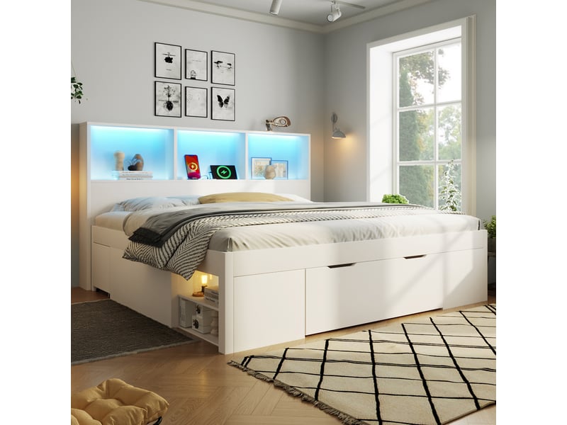  Lit 140x190 cm avec rangement et 2 chevets mobiles, lit double en bois avec tiroir, led, usb-c et étagères de tête de lit - blanc (sans matelas)  - Conforama C