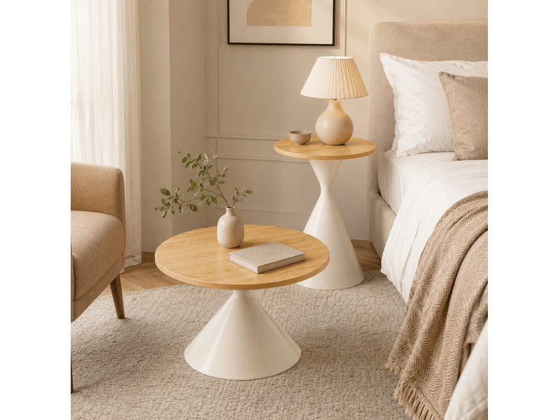  Set de 2 tables rondes ø70x40 cm et ø50x55 cm en mdf et métal coloris naturel et blanc  - Conforama B