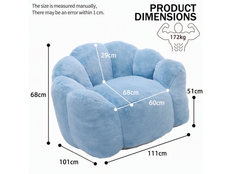  Fauteuil lotus 111x101x68 cm, assise adulte, tissu à poils courts, sans montage, facile à déplacer, bleu  - Conforama C