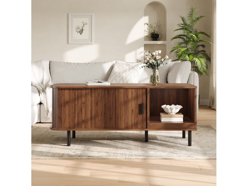 Table basse avec porte coulissante, niche ouverte, style moderne en mdf et panneau de particules noyer 110 × 40 × 55 cm - Conforama D