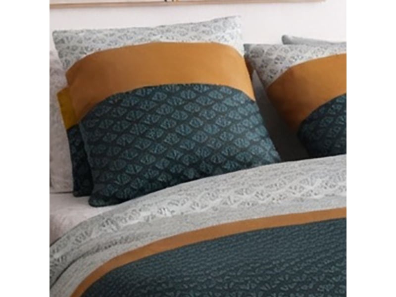  Parure housse de couette 260x240cm + 2 taies motif rétro bleu pétrole et jaune 100% coton - tobias TOBIAS - Conforama D