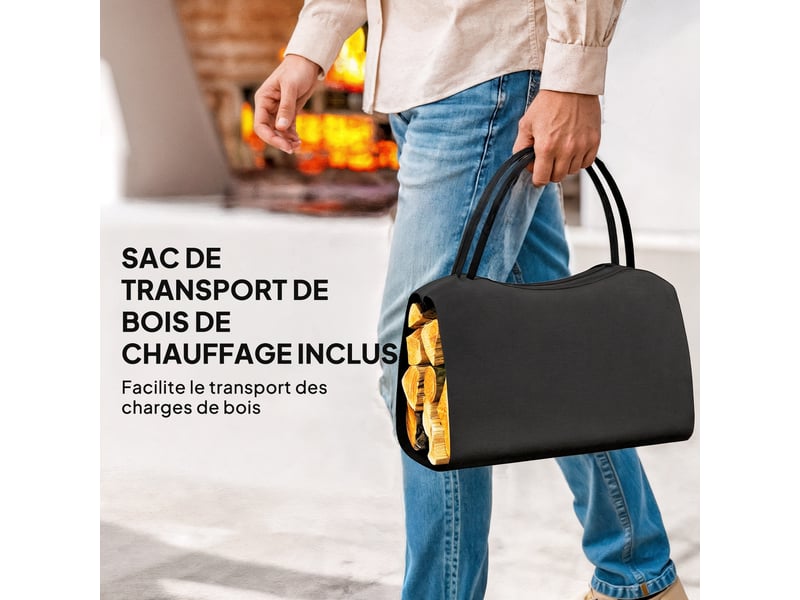  Porte-bûches intérieur avec sac amovible, cadre en métal noir, charge 50 kg  - Conforama W