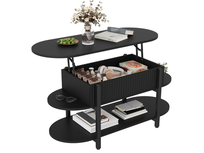 Table basse ovale relevable salon - rangement caché - 2 étagères ouvertes, table basse style crème minimaliste - panneaux cannelés verticaux, table basse multifonction à plateau réglable en hauteur pour salon - nior - Conforama A