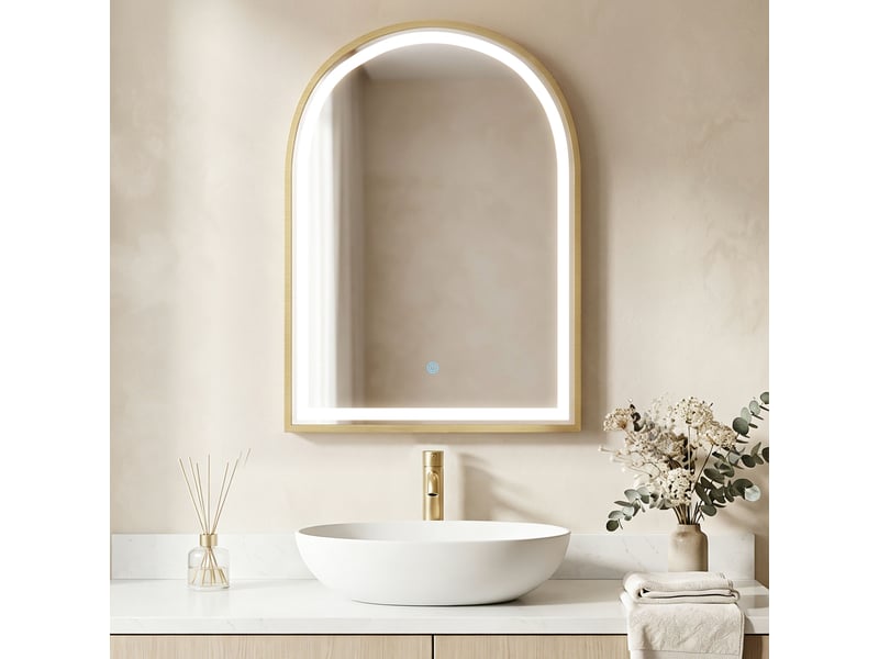  Armoire murale salle de bain avec miroir et éclairage led, porte arquée, anti-buée, 50x14,5x70cm, doré  - Conforama C