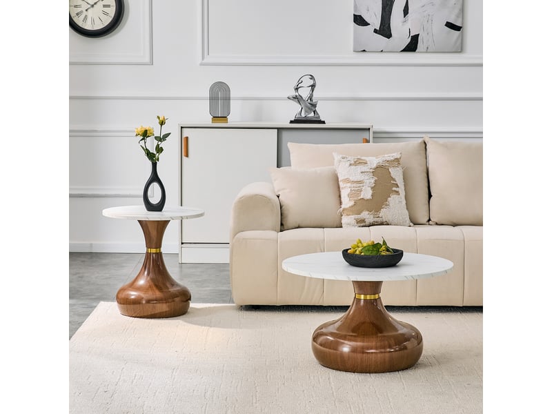  Set 2 tables basses rondes effet marbre - base sablier noyer - design luxueux - salonchambre  - Conforama E