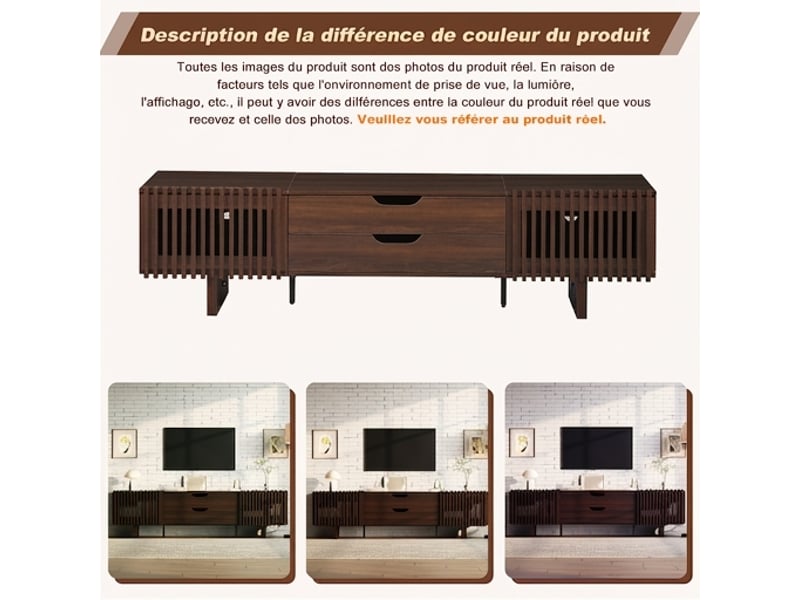  Meuble tv noyer 180 cm pour écran 75 pouces avec 2 tiroirs et portes persiennes  - Conforama D