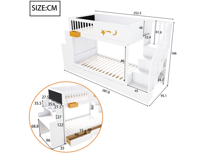  Lit superposé enfant blanc 90 x 200 cm avec bureau, escalier de rangement et tiroirs  - Conforama E