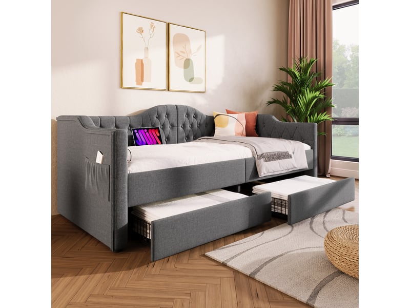 Lit simple 90x200 cm avec rangements, usb et 2 tiroirs, lin, gris, sans matelas - Conforama W