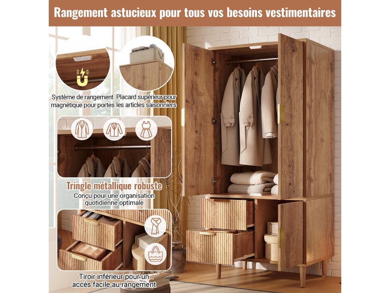  Armoire penderie 3 portes 80 x 50 x 177 cm avec 2 tiroirs et tringle, façades rainurées 3d, poignées dorées, chêne  - Conforama E
