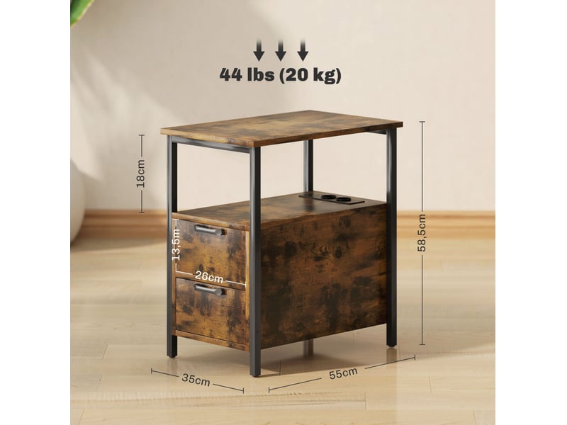  Table d'appoint avec station de charge, 2 tiroirs et étagère, marron, 55 x 35 cm  - Conforama C