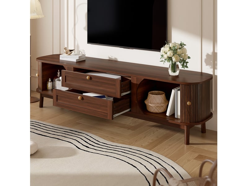  Meuble télévision 170 x 39,5x 46 cm bas rangement portes à lames tiroirs poignées arrondies pieds bois mdf noyer  - Conforama R