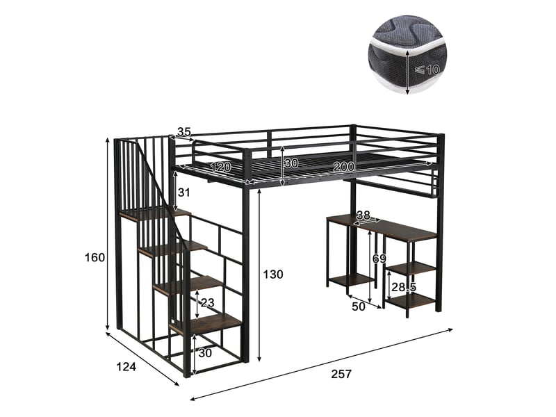  Lit mezzanine 120x200 cm, lit surélevé avec bureau intégré et étagères de rangement, avec escalier sécurisé et main courante, noir et noyer foncé  - Conforama E